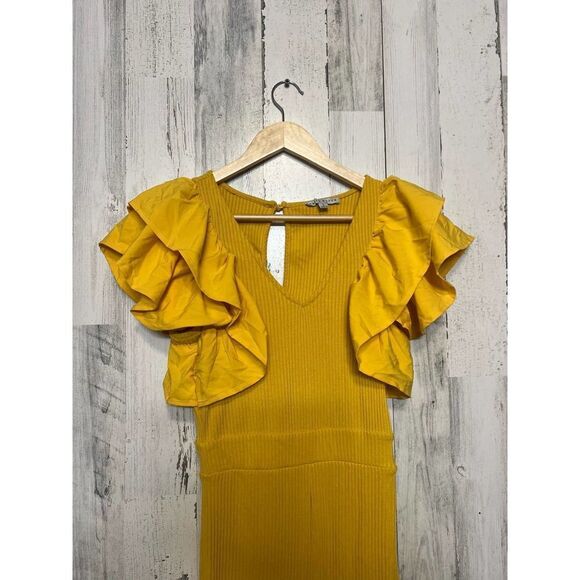 Haute Monde Mustard Yellow Ruffle Sleeve Jumpsuit | Women’s Small | Stretchy Rib - Picture 5 of 8